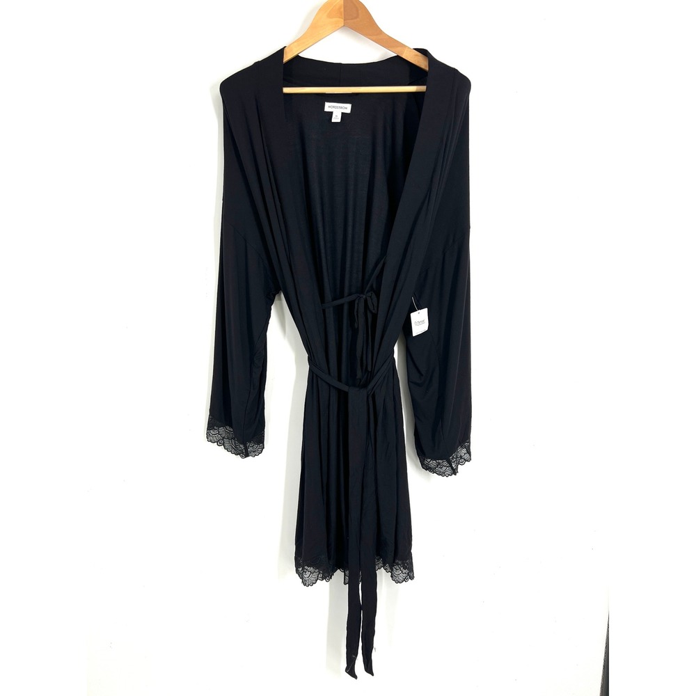 Nordstrom Women Black Lace Trim Tencel Modal Wrap Robe XL NO507556MI